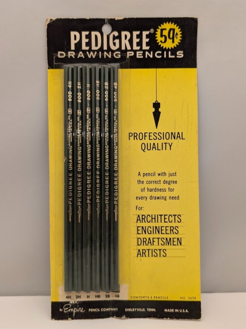 PEDIGREE Professional Quality Drawing Pencils 6 Pk | 4H/2H/H/HB/2B/4B 5659 NOS